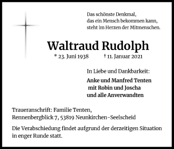 Anzeige von Waltraud Rudolph von Kölner Stadt-Anzeiger / Kölnische Rundschau / Express