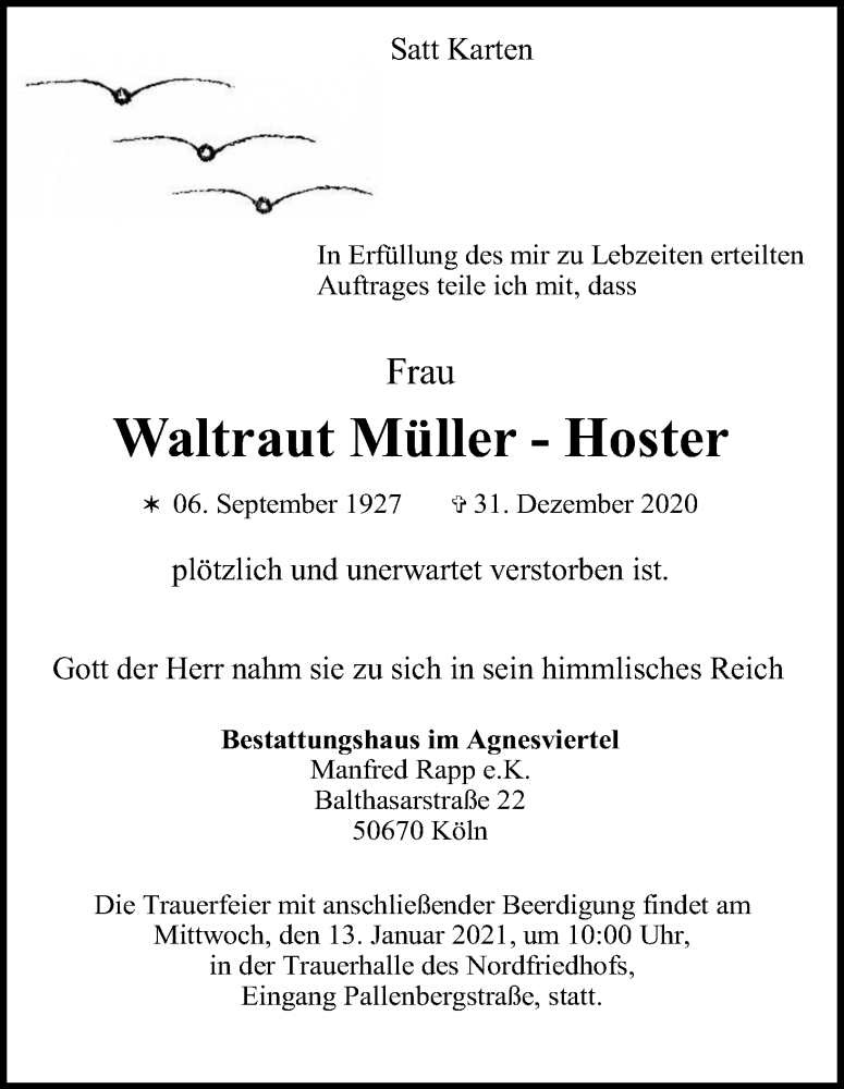  Traueranzeige für Waltraut Müller-Hoster vom 09.01.2021 aus Kölner Stadt-Anzeiger / Kölnische Rundschau / Express