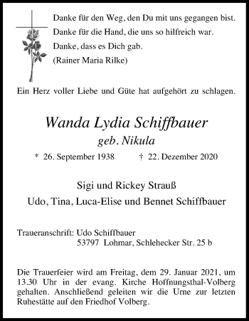 Anzeige von Wanda Lydia Schiffbauer von Kölner Stadt-Anzeiger / Kölnische Rundschau / Express