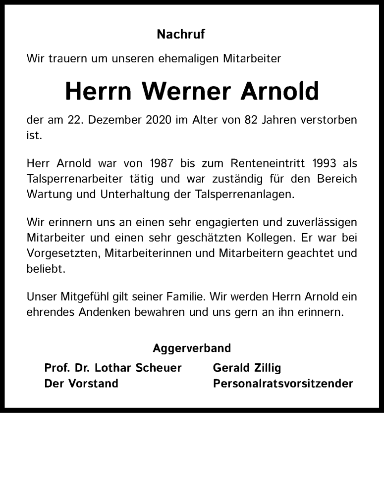  Traueranzeige für Werner Arnold vom 19.01.2021 aus Kölner Stadt-Anzeiger / Kölnische Rundschau / Express