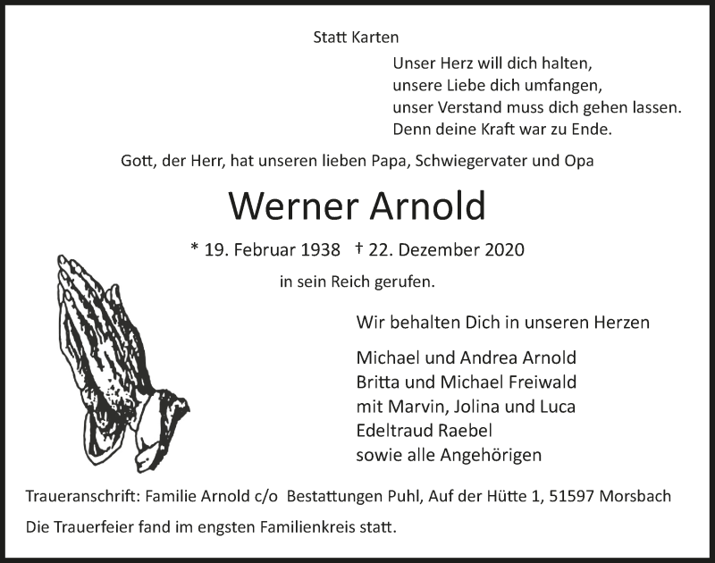  Traueranzeige für Werner Arnold vom 02.01.2021 aus  Anzeigen Echo  Lokalanzeiger 