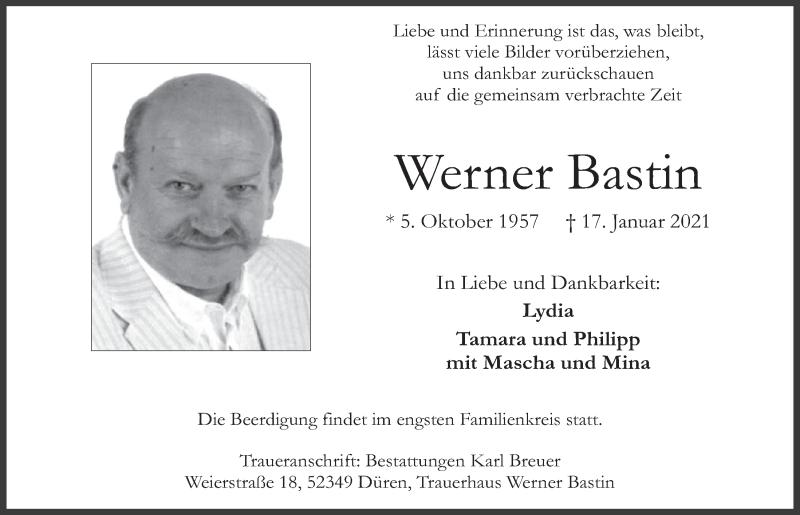  Traueranzeige für Werner Bastin vom 23.01.2021 aus  Blickpunkt Euskirchen 