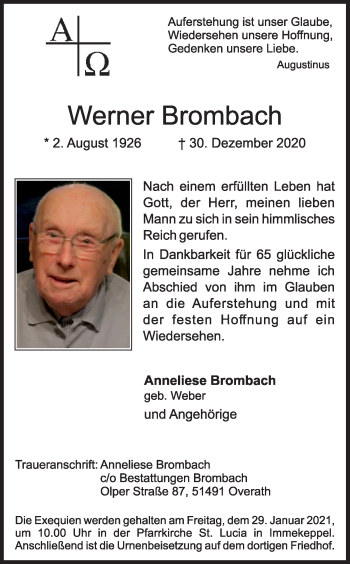 Anzeige von Werner Brombach von Kölner Stadt-Anzeiger / Kölnische Rundschau / Express
