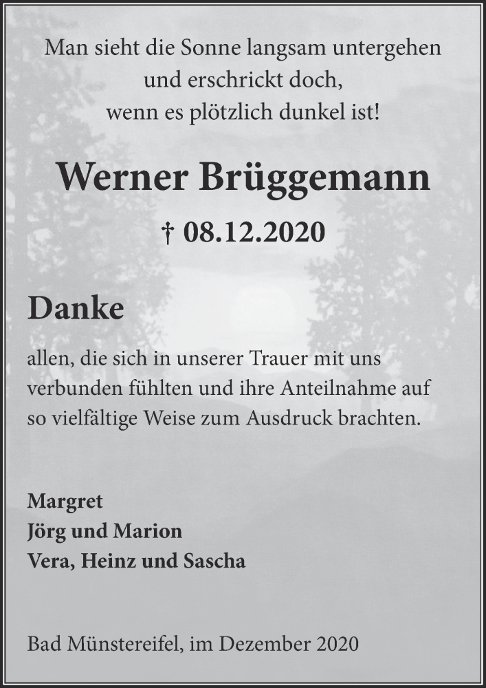  Traueranzeige für Werner Brüggemann vom 09.01.2021 aus  Blickpunkt Euskirchen 