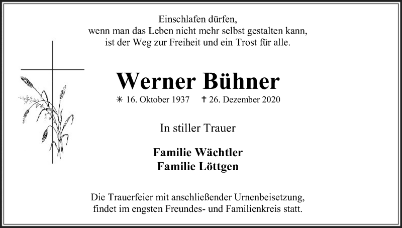  Traueranzeige für Werner Bühner vom 16.01.2021 aus Kölner Stadt-Anzeiger / Kölnische Rundschau / Express