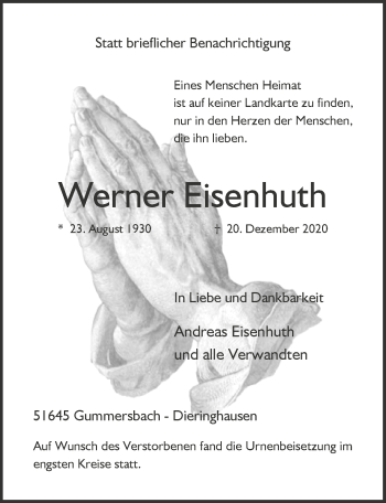 Anzeige von Werner Eisenhuth von  Anzeigen Echo 