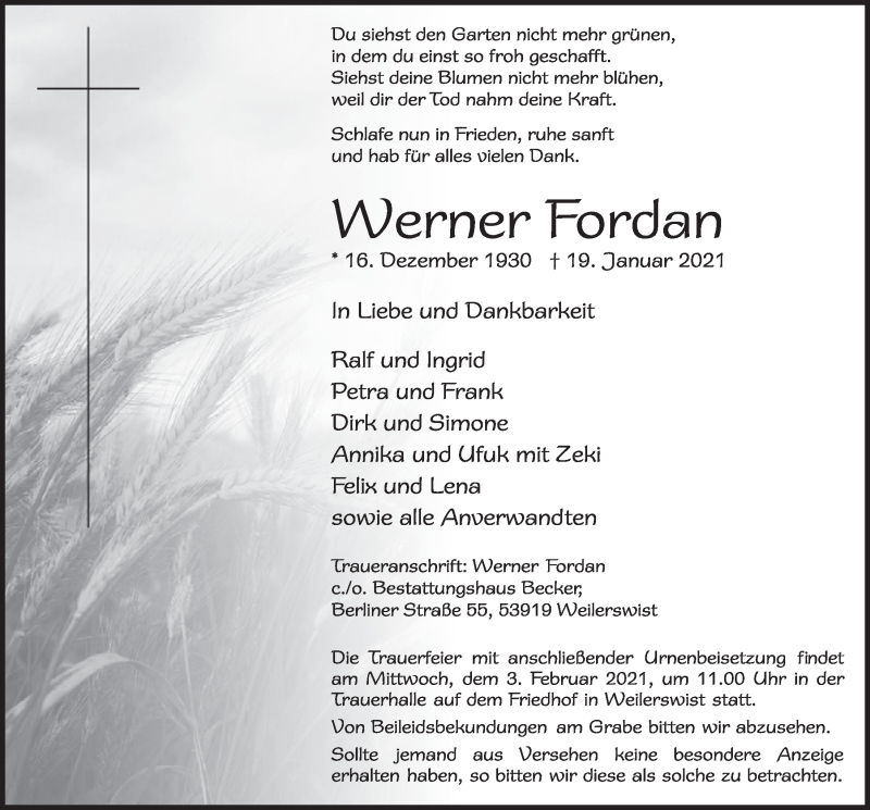  Traueranzeige für Werner Fordan vom 23.01.2021 aus  Blickpunkt Euskirchen 