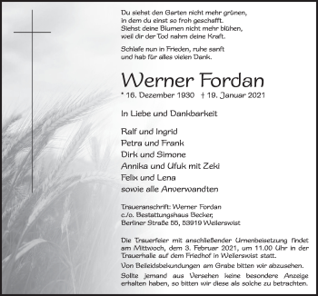 Anzeige von Werner Fordan von  Blickpunkt Euskirchen 