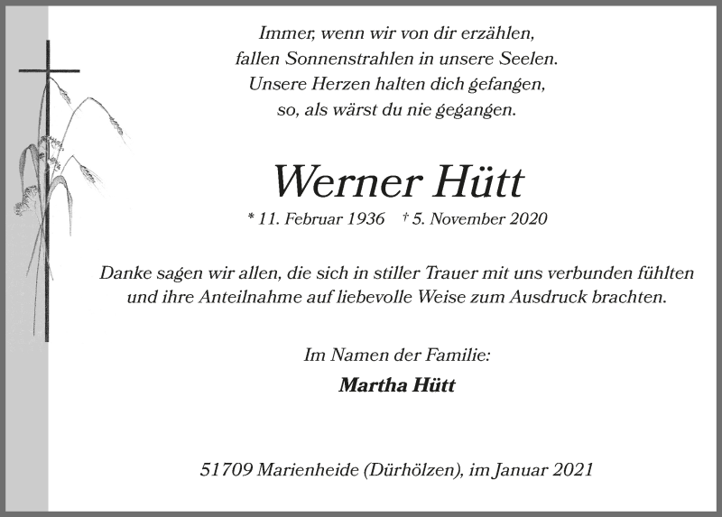  Traueranzeige für Werner Hütt vom 15.01.2021 aus  Anzeigen Echo 