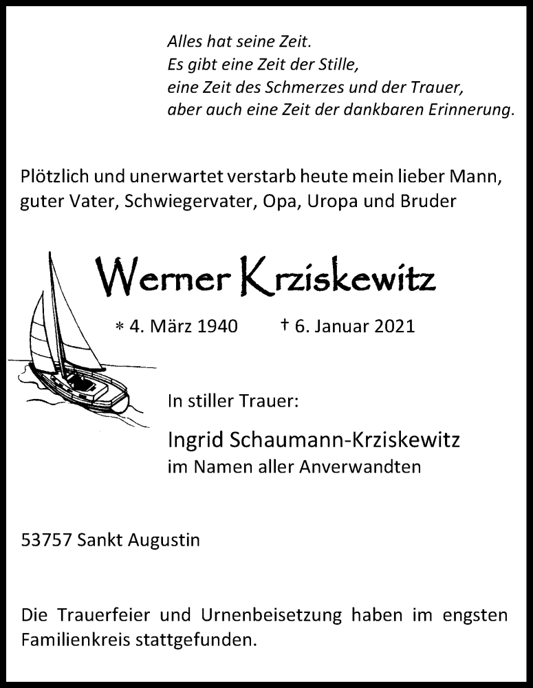  Traueranzeige für Werner Krziskewitz vom 23.01.2021 aus Kölner Stadt-Anzeiger / Kölnische Rundschau / Express