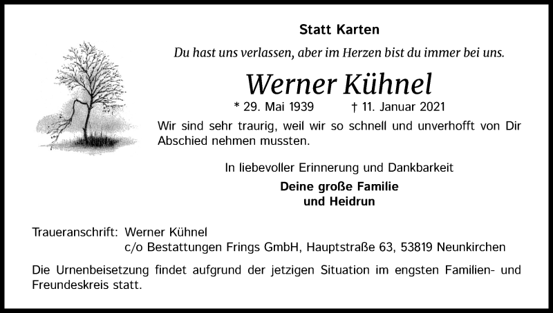  Traueranzeige für Werner Kühnel vom 16.01.2021 aus Kölner Stadt-Anzeiger / Kölnische Rundschau / Express