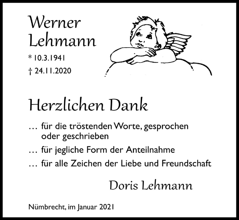  Traueranzeige für Werner  Lehmann vom 15.01.2021 aus  Lokalanzeiger 