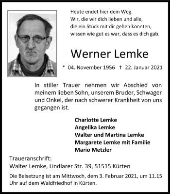 Anzeige von Werner Lemke von  Bergisches Handelsblatt 