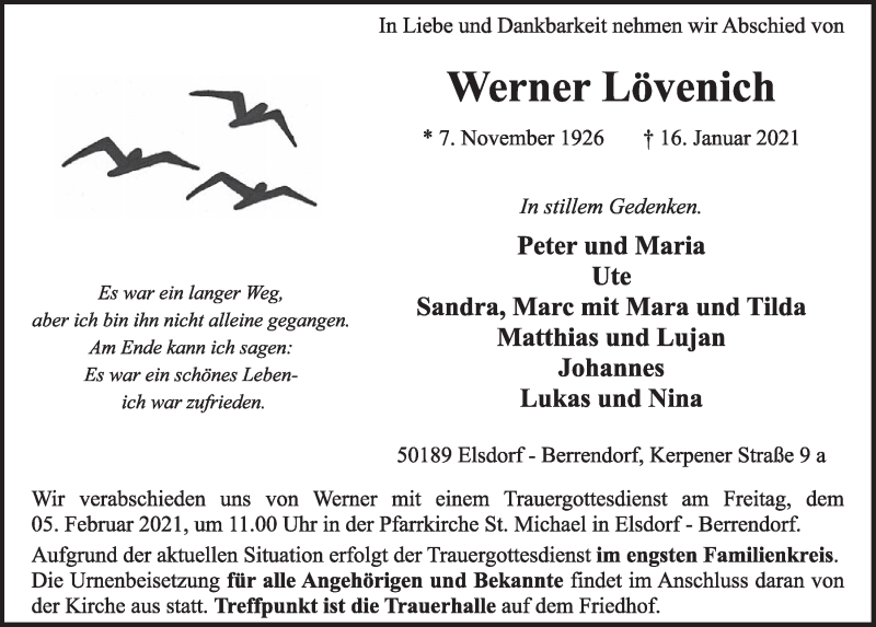  Traueranzeige für Werner Lövenich vom 29.01.2021 aus  Werbepost 
