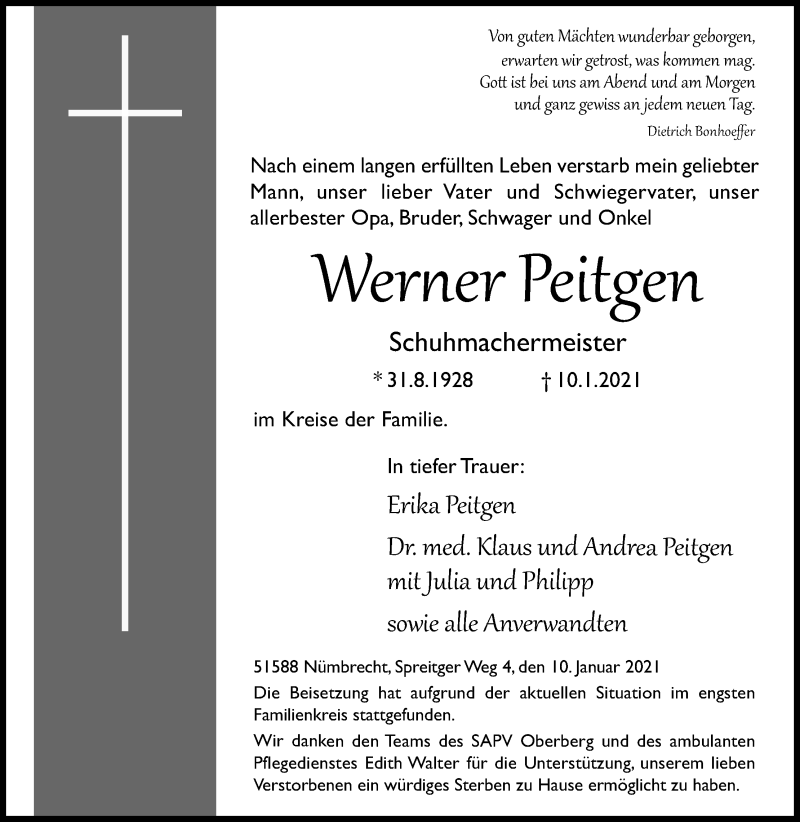  Traueranzeige für Werner Peitgen vom 16.01.2021 aus Kölner Stadt-Anzeiger / Kölnische Rundschau / Express