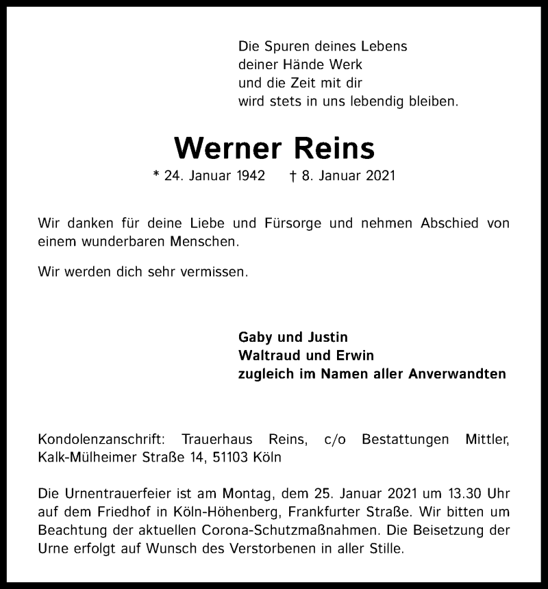  Traueranzeige für Werner Reins vom 23.01.2021 aus Kölner Stadt-Anzeiger / Kölnische Rundschau / Express