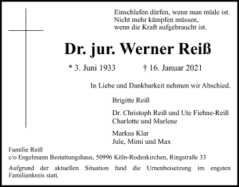 Anzeige von Werner Reiß von Kölner Stadt-Anzeiger / Kölnische Rundschau / Express