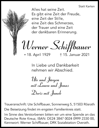Anzeige von Werner Schiffbauer von Kölner Stadt-Anzeiger / Kölnische Rundschau / Express