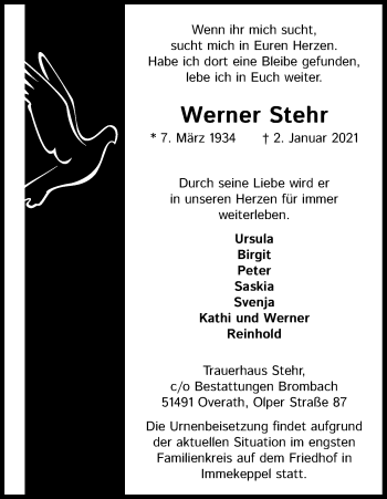 Anzeige von Werner Stehr von Kölner Stadt-Anzeiger / Kölnische Rundschau / Express