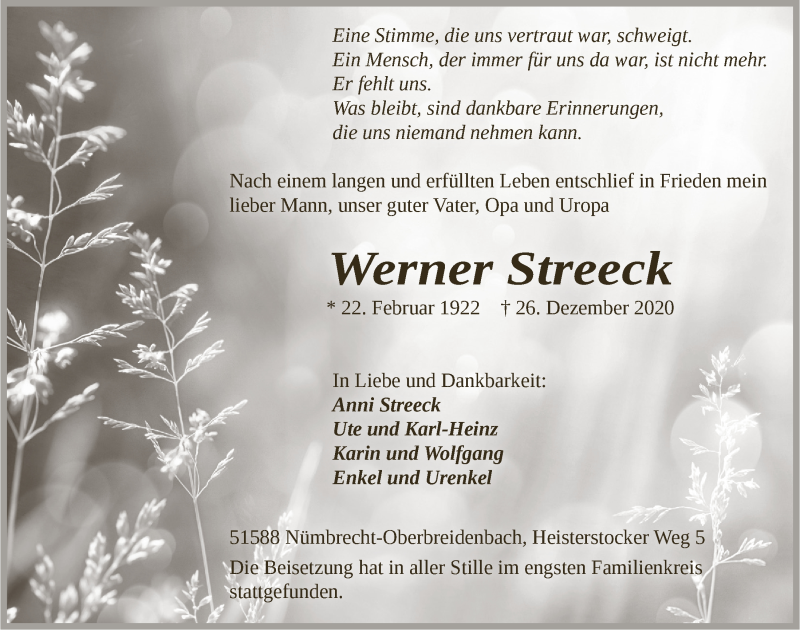  Traueranzeige für Werner Streeck vom 29.01.2021 aus  Anzeigen Echo 
