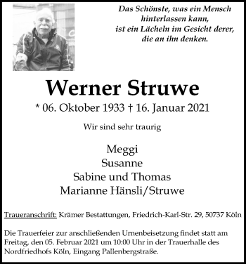 Anzeige von Werner Struwe von Kölner Stadt-Anzeiger / Kölnische Rundschau / Express