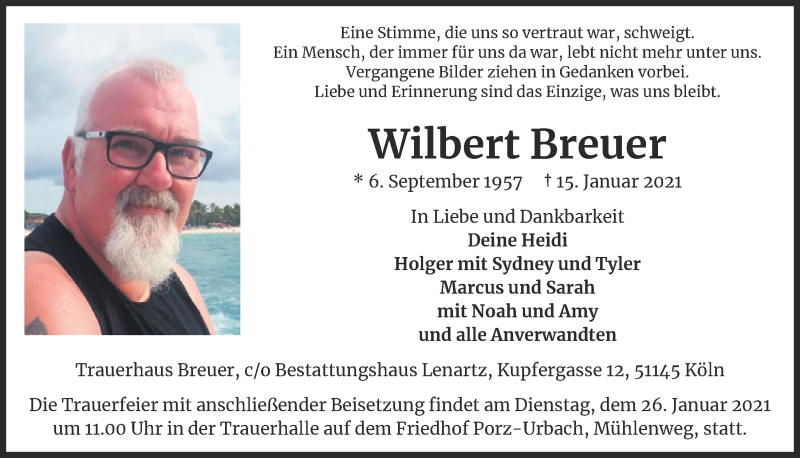  Traueranzeige für Wilbert Breuer vom 22.01.2021 aus  Kölner Wochenspiegel 