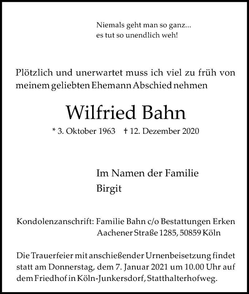  Traueranzeige für Wilfried Bahn vom 02.01.2021 aus Kölner Stadt-Anzeiger / Kölnische Rundschau / Express