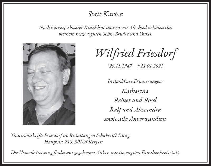  Traueranzeige für Wilfried Freisdorf vom 29.01.2021 aus  Werbepost 