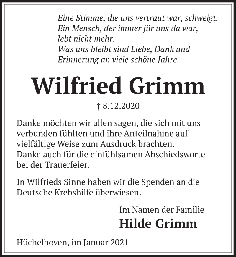  Traueranzeige für Wilfried Grimm vom 15.01.2021 aus  Werbepost 