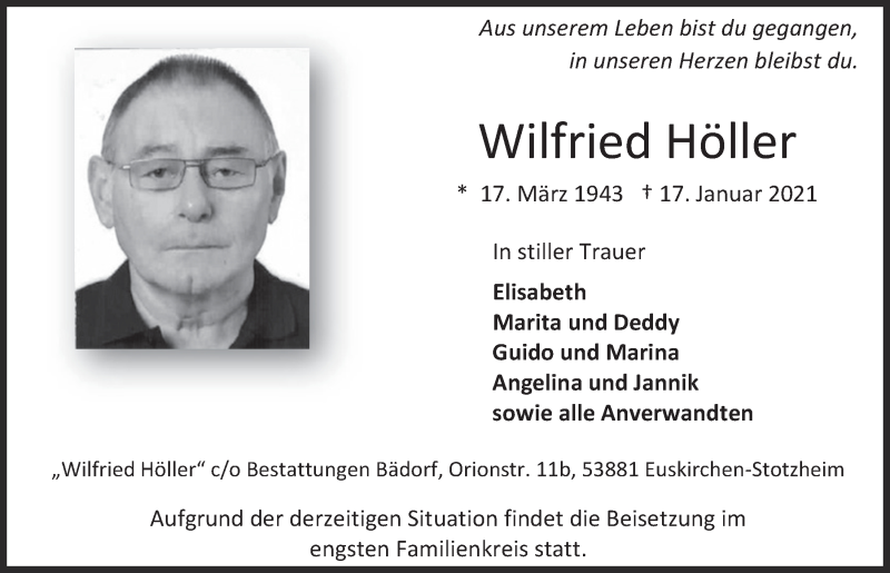  Traueranzeige für Wilfried Höller vom 23.01.2021 aus  Blickpunkt Euskirchen 