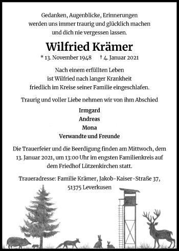 Anzeige von Wilfried Krämer von Kölner Stadt-Anzeiger / Kölnische Rundschau / Express