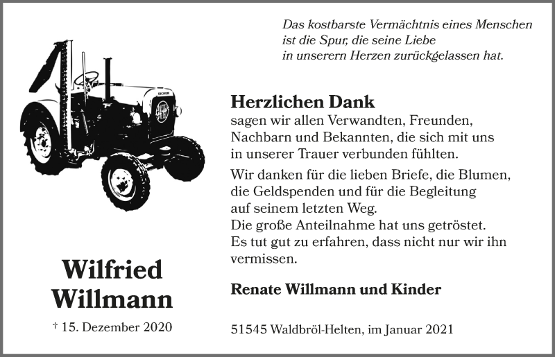  Traueranzeige für Wilfried Willmann vom 29.01.2021 aus  Lokalanzeiger 