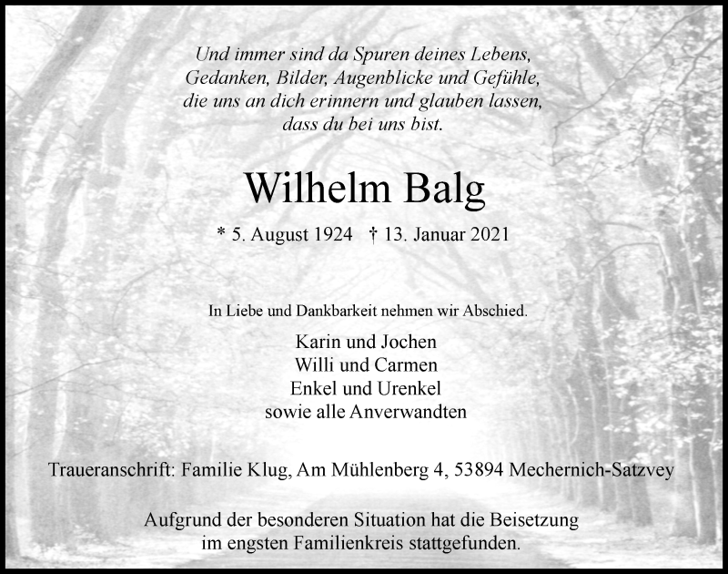  Traueranzeige für Wilhelm Balg vom 23.01.2021 aus  Blickpunkt Euskirchen 