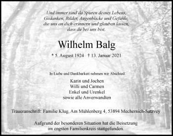 Anzeige von Wilhelm Balg von  Blickpunkt Euskirchen 