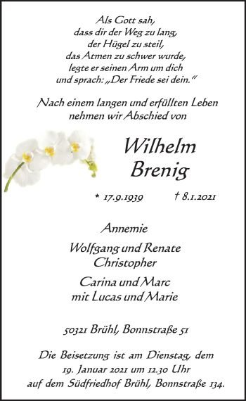 Anzeige von Wilhelm Brenig von  Schlossbote/Werbekurier 