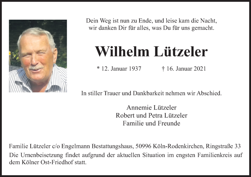  Traueranzeige für Wilhelm Lützeler vom 23.01.2021 aus Kölner Stadt-Anzeiger / Kölnische Rundschau / Express