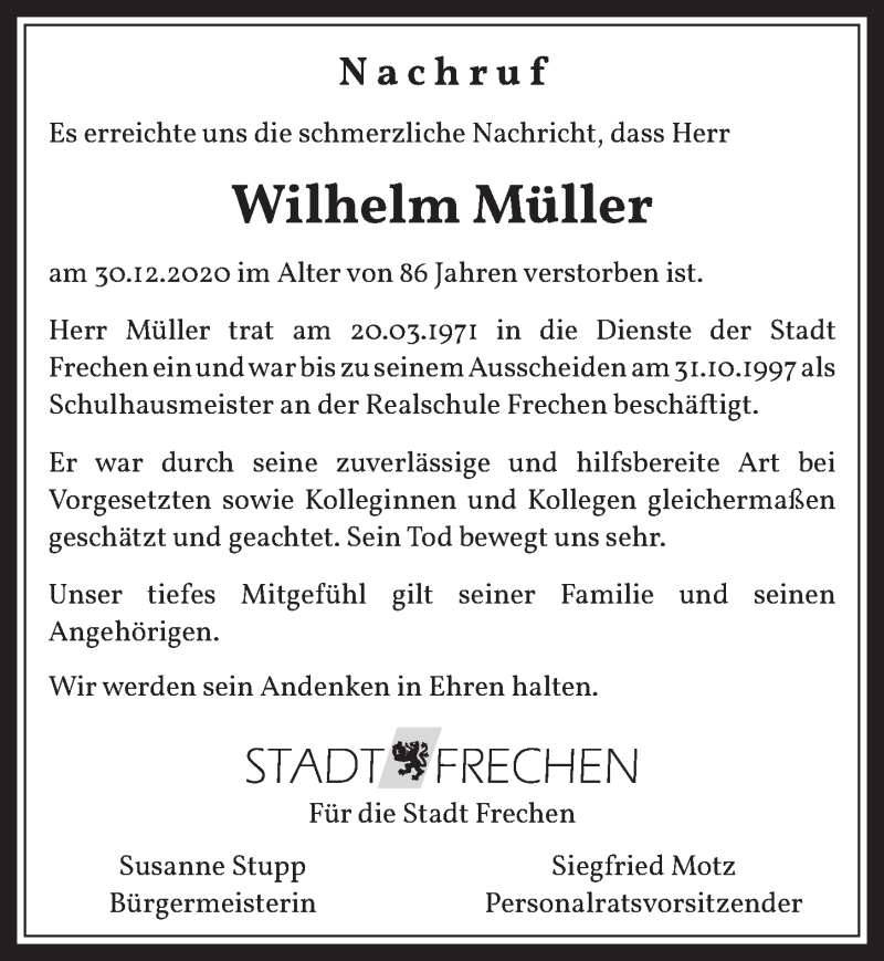  Traueranzeige für Wilhelm Müller vom 15.01.2021 aus  Wochenende 