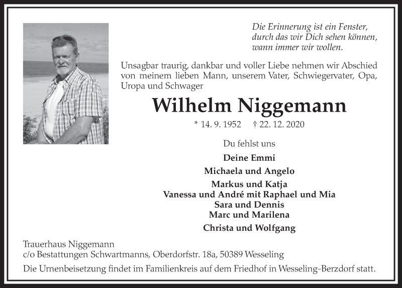  Traueranzeige für Wilhelm Niggemann vom 08.01.2021 aus  Schlossbote/Werbekurier 