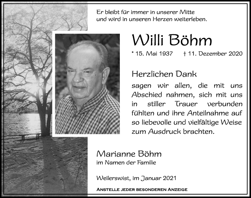  Traueranzeige für Willi Böhm vom 16.01.2021 aus  Blickpunkt Euskirchen 