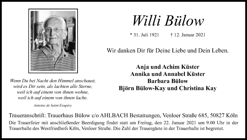  Traueranzeige für Willi Bülow vom 16.01.2021 aus Kölner Stadt-Anzeiger / Kölnische Rundschau / Express