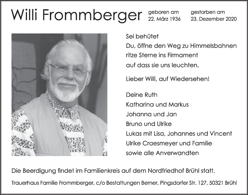  Traueranzeige für Willi Frommberger vom 08.01.2021 aus  Schlossbote/Werbekurier 