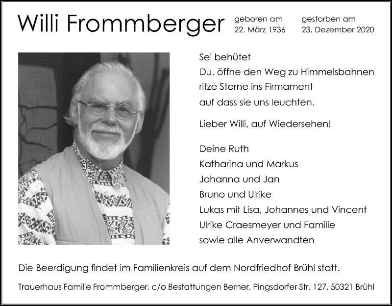  Traueranzeige für Willi Frommberger vom 09.01.2021 aus Kölner Stadt-Anzeiger / Kölnische Rundschau / Express