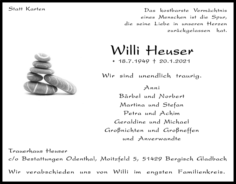  Traueranzeige für Willi Heuser vom 23.01.2021 aus Kölner Stadt-Anzeiger / Kölnische Rundschau / Express