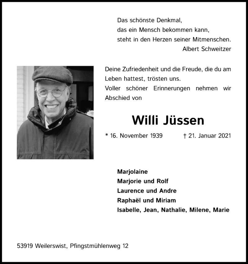  Traueranzeige für Willi Jüssen vom 30.01.2021 aus Kölner Stadt-Anzeiger / Kölnische Rundschau / Express