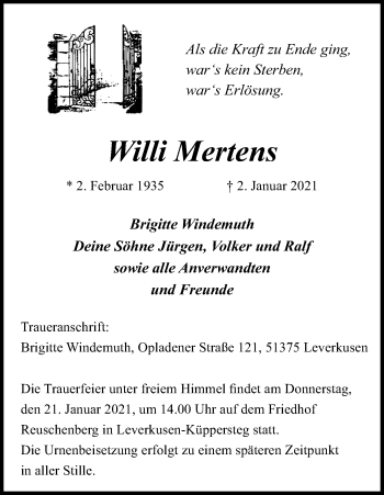 Anzeige von Willi Mertens von Kölner Stadt-Anzeiger / Kölnische Rundschau / Express