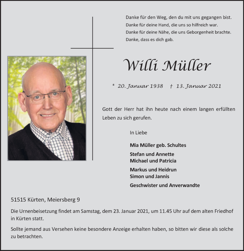  Traueranzeige für Willi Müller vom 16.01.2021 aus Kölner Stadt-Anzeiger / Kölnische Rundschau / Express