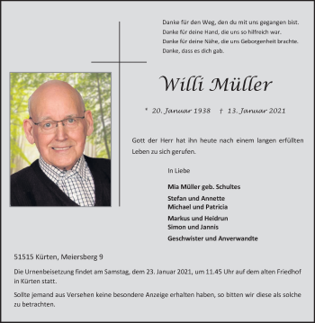 Anzeige von Willi Müller von Kölner Stadt-Anzeiger / Kölnische Rundschau / Express