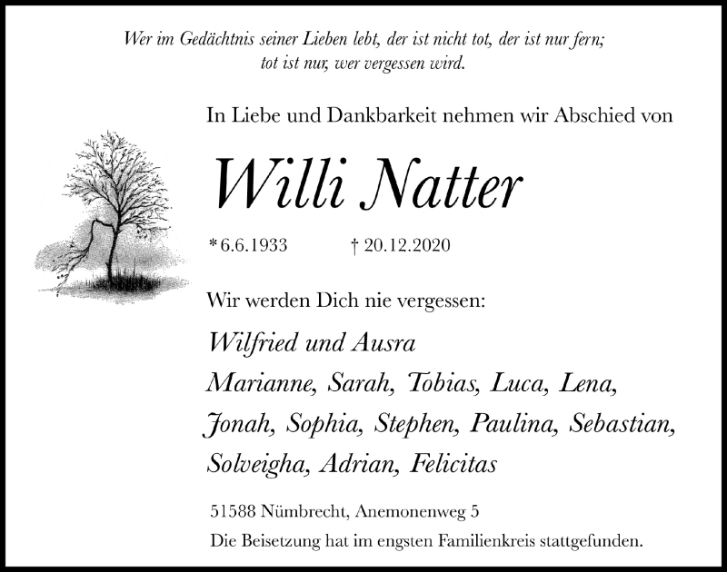  Traueranzeige für Willi Natter vom 02.01.2021 aus  Lokalanzeiger 