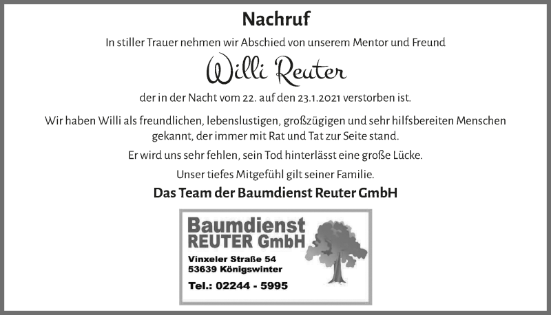  Traueranzeige für Willi Reuter vom 29.01.2021 aus  Extra Blatt 