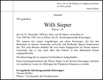 Anzeige von Willi Sieper von Kölner Stadt-Anzeiger / Kölnische Rundschau / Express